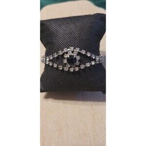 Vintage SILVER TONE TENNIS BRACELET Clear Rhinestones 2 Rows Black Center eye
